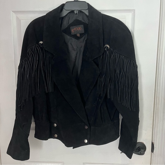 VINTAGE western style fringe black suede leather 90’s coat - Picture 9 of 16